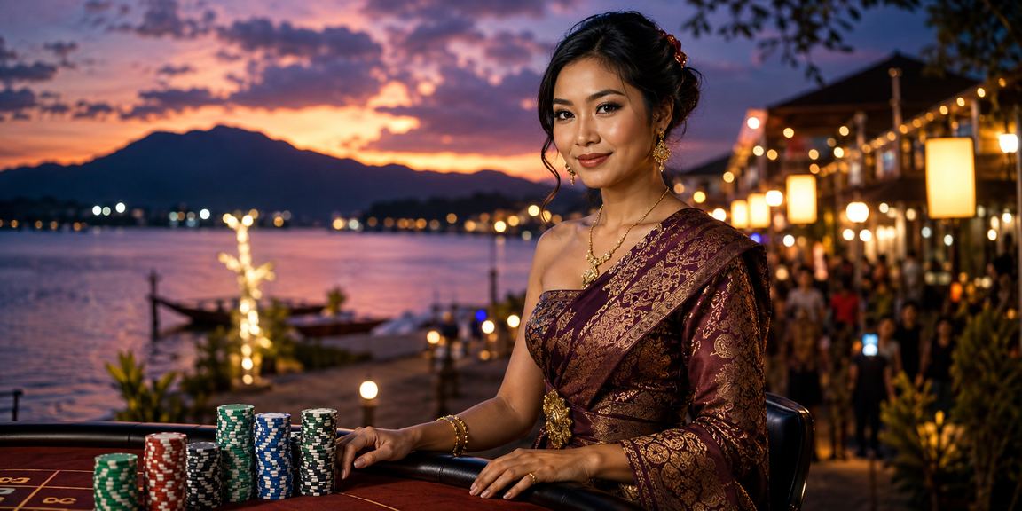 Model Vietnam berpose elegan di depan backdrop promosi rebate dengan nuansa modern dan stylish