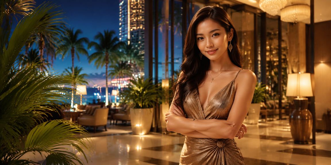 Model Vietnam berpose percaya diri dengan latar suasana kasino yang elegan dan bercahaya