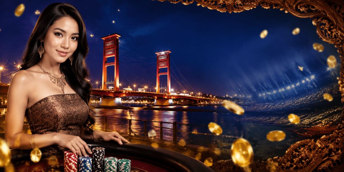 Model Vietnam berpose elegan di depan layar hiburan casino yang menyala terang dan penuh warna