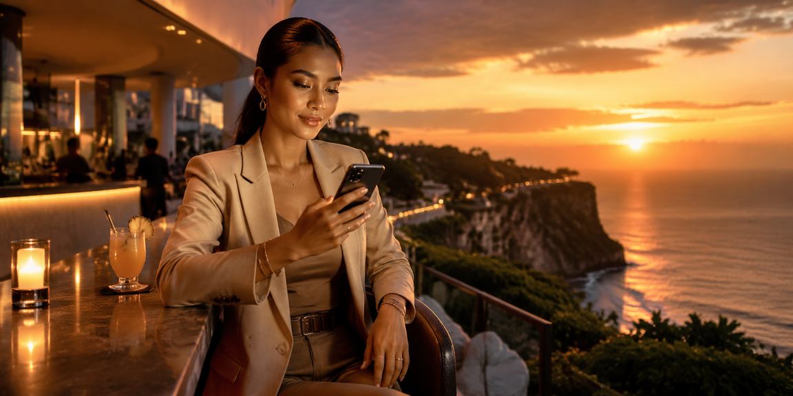 Model Vietnam menggunakan ponsel untuk bermain casino mobile dengan santai dan bijak